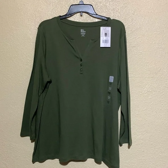 Kim Rogers Top Tee XXL Olive Green Stretchy 3/4 Sleeve Soft Cotton NWT - Picture 1 of 12